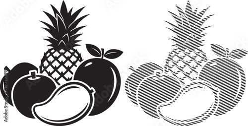 Black and white illustration of pineapples and apples with different textures