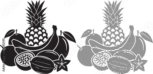 Traditional pineapple and fruit motifs in intricate monochrome designs