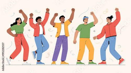 Diverse group of people dancing with raised arms in celebration colorful illustration of happy friends