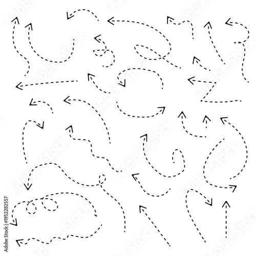  Doodle arrow set  curves, dots, wavy lines. black, red, green doodle arrow Hand-drawn dash arrow collection. Dotted lines, dashed curves, white background,  EPS10