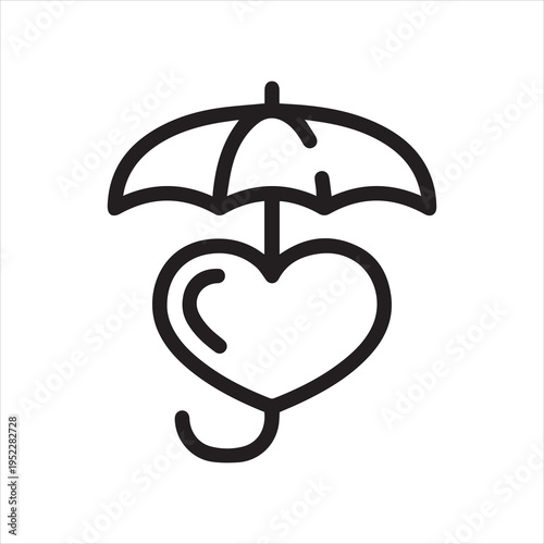 Thin outline icon heart symbol protected by umbrella. Such line sign as insurance health, protection and safety, healthcare. Vector isolated pictogram on white background editable stroke.