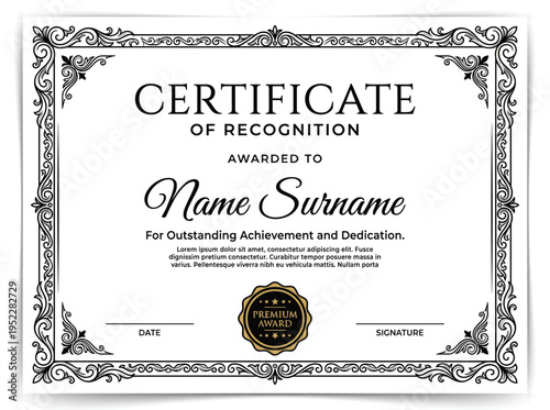 Vintage Certificate of Appreciation Template with Ornate Baroque Border and Gothic Typography