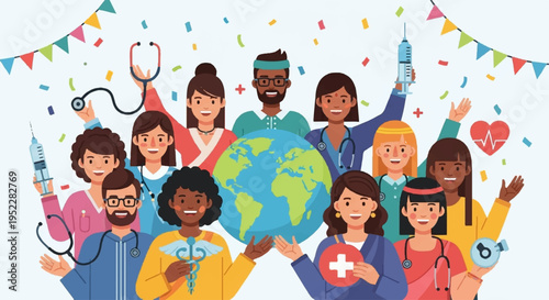 Diverse group of people celebrating global unity and healthcare with medical symbols and colorful decorations