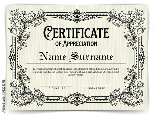 Vintage Certificate of Appreciation Template with Ornate Baroque Border and Gothic Typography