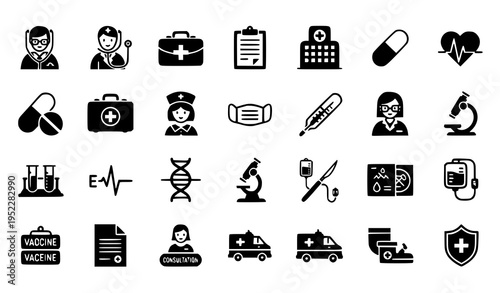 Doctor and Healthcare Glyph Icons Collection with Medical Hospital Treatment and Doctor Symbols Vector
