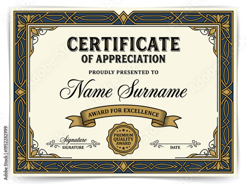 Vintage Certificate of Appreciation Template with Ornate Baroque Border and Gothic Typography