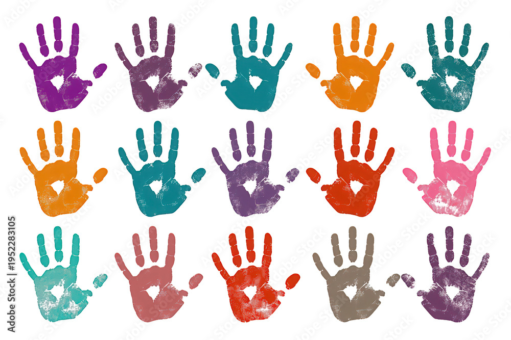 Fototapeta premium Various vibrant handprints arranged on a transparent background, representing diversity, partnership, and individual expression