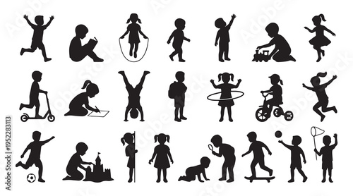 children silhouettes playing, kids activity vector set, child play icons, happy kids silhouettes, playground children shapes, kids poses bundle, black children silhouettes