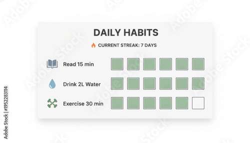 Daily habit tracker UI card. Productivity and wellness app interface with icons. Flat design vector illustration