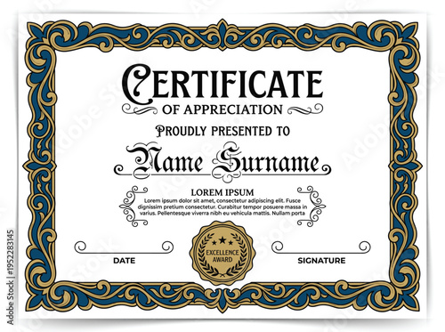 Vintage Certificate of Appreciation Template with Ornate Baroque Border and Gothic Typography