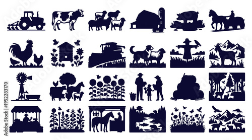 farm silhouette set, village landscape icons, agriculture vector collection, rural life illustration, animal farm clipart, countryside symbols, farming outline bundle