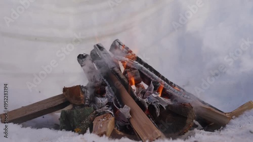 Wallpaper Mural Small winter campfire built from stacked firewood burning inside a snow pit. Orange flames flicker between wooden logs while the fire burns outdoors in cold snowy conditions. High quality 4k footage Torontodigital.ca