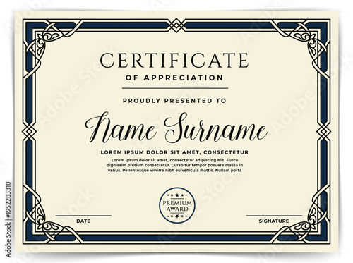 Vintage Certificate of Appreciation Template with Ornate Baroque Border and Gothic Typography