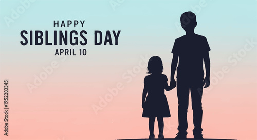 Silhouette of a man and a little girl holding hands against a pastel sunset background on siblings day