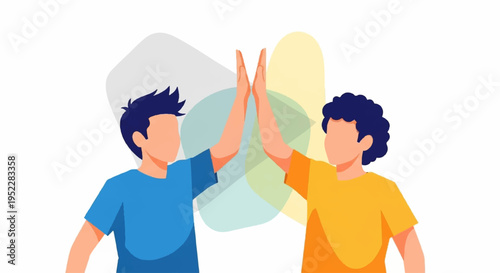 Two friends giving high five happy teamwork and partnership flat design colorful background
