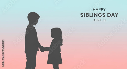 Silhouette of happy siblings holding hands on siblings day with pastel sunset background