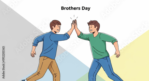 Two brothers in casual clothes giving high five brothers day male friendship bonding celebration happy colorful background