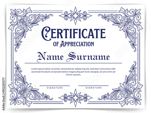 Vintage Certificate of Appreciation Template with Ornate Baroque Border and Gothic Typography