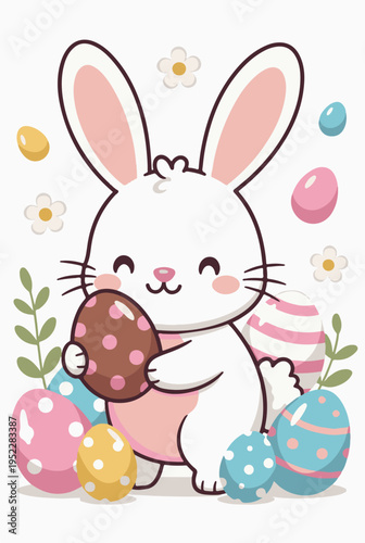 Happy Easter Spring Celebration with Cute Bunny, Colorful Eggs and Floral Vector Illustration