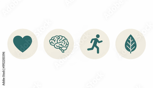 Health and wellness flat icon set. Heart, brain, exercise, and nutrition symbols. Minimalist vector illustration for apps and websites