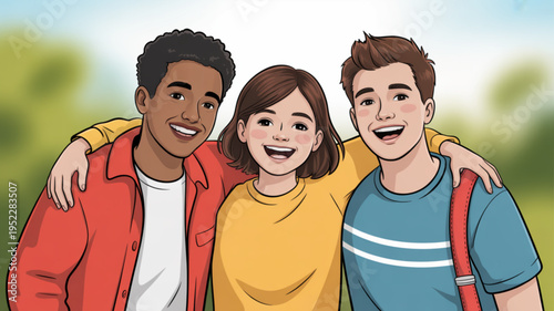 Diverse group of happy young friends smiling together outdoors in a park on a sunny day