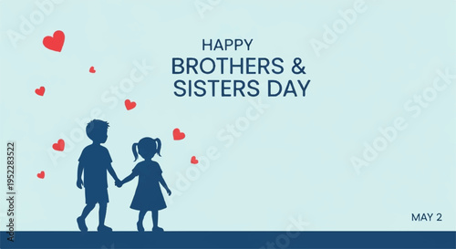 Silhouette of brother and sister holding hands with floating hearts brothers and sisters day celebration