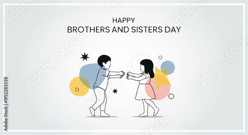 Brother and sister holding hands colorful balloons and stars greeting card design sibling love family bond happy relationship illustration
