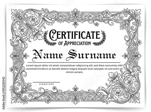Vintage Certificate of Appreciation Template with Ornate Baroque Border and Gothic Typography