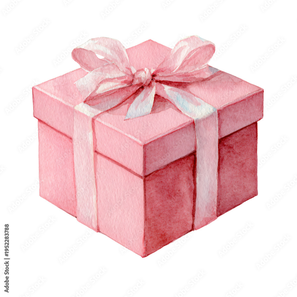 Fototapeta premium Elegant Pink Gift Box with Ribbon Watercolor Isolated on White Background
