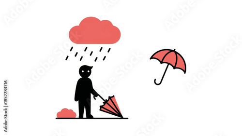 Minimalist vector illustration of a person in the rain with a closed umbrella. Concept of failure, sadness, and unpreparedness. Simple flat design graphic