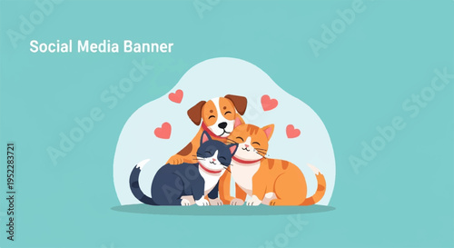 Friendly dog and cat together with hearts social media banner cute animals