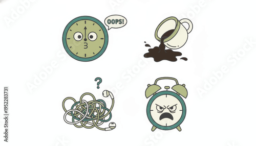 Humorous icon set of everyday frustrations. Cartoon vector illustrations of common mishaps like a spilled coffee, angry clock, and tangled earphones