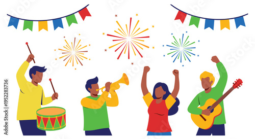People celebrating carnival with music and fireworks, isolated festive banner design
