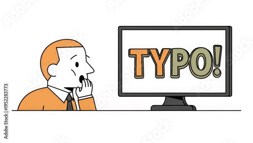 A cartoon man shocked by a typo on a computer screen. Humorous vector illustration about mistakes, errors, and proofreading. Isolated graphic design element