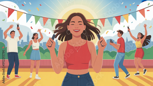 Young woman dancing joyfully with friends at outdoor party with colorful bunting and sunny city background