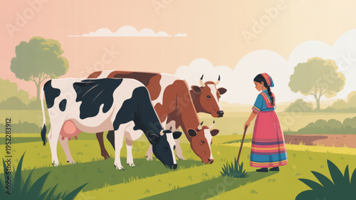 Woman in traditional clothing grazing cows in a serene green pasture with trees and sunset background