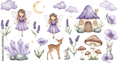 Whimsical fairy tale scene with fairies deer mushrooms crystals and flowers in soft purple hues dreamy fantasy world