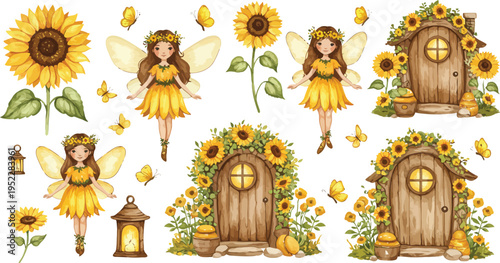 Whimsical fairy illustrations with sunflowers and wooden doors in a dreamy garden setting with lanterns and flowers
