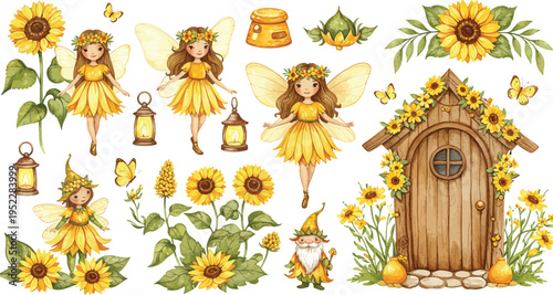 Whimsical illustration of fairies and sunflowers with a tiny door and lanterns in a fantasy setting with flowers and leaves