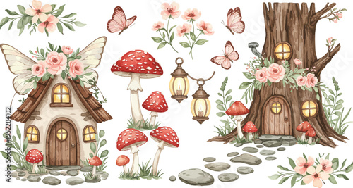 Whimsical illustration of fairy houses with mushrooms flowers and butterflies in a magical forest setting with trees and stones