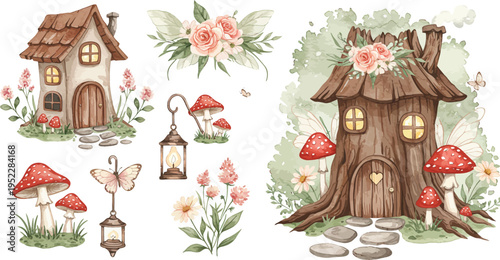 Whimsical watercolor illustration of fairy houses and mushrooms in garden setting with flowers and lanterns