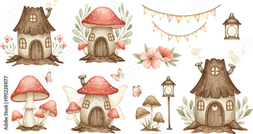 Whimsical illustration of mushroom houses and decorations in a fairy tale setting with flowers and lanterns in soft colors