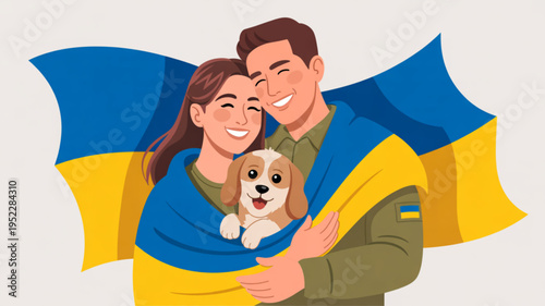 Couple and dog wrapped in ukrainian flag symbolizing love unity and national pride on a light background