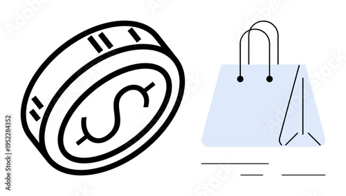 E-commerce, retail, financial transactions, shopping, consumer behavior, digital payments. A dollar coin next to a shopping bag. E-commerce and retail concepts illustrated