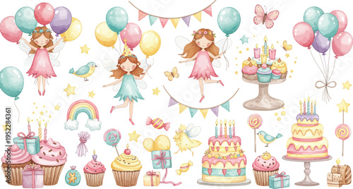 Colorful birthday celebration elements including cakes cupcakes balloons and decorations for kids party