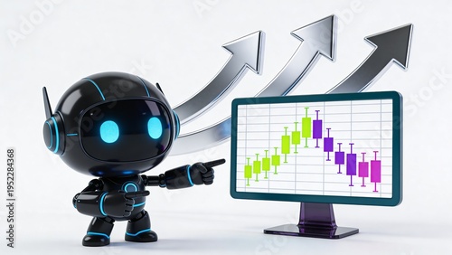 3D render of a cute AI robot pointing at a candlestick chart on a monitor with upward arrows. Concept of algorithmic trading, fintech, analytics, and investment.
