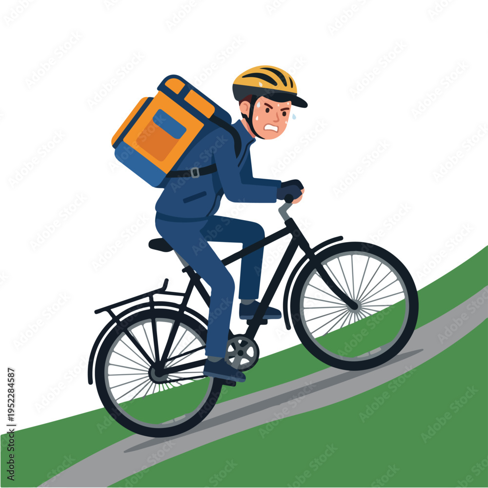 Naklejka premium vector of a courier overwhelmed by pedaling a bicycle on an uphill road