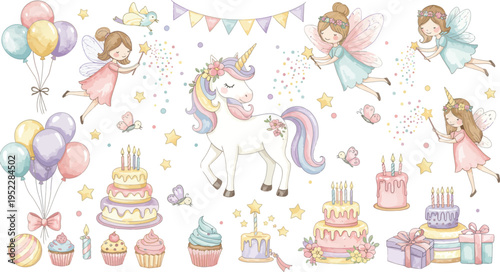 Colorful birthday celebration illustrations with fairy tale princesses cakes and balloons