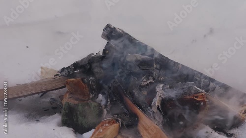 Wallpaper Mural Close-up of smoking firewood remains inside a snow pit after the campfire has burned down. Charred logs and pale ash lie in the snow while smoke drifts upward. High quality 4k footage Torontodigital.ca