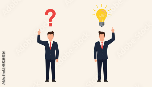 Two businessmen with question mark and light bulb representing ideas and problem solving